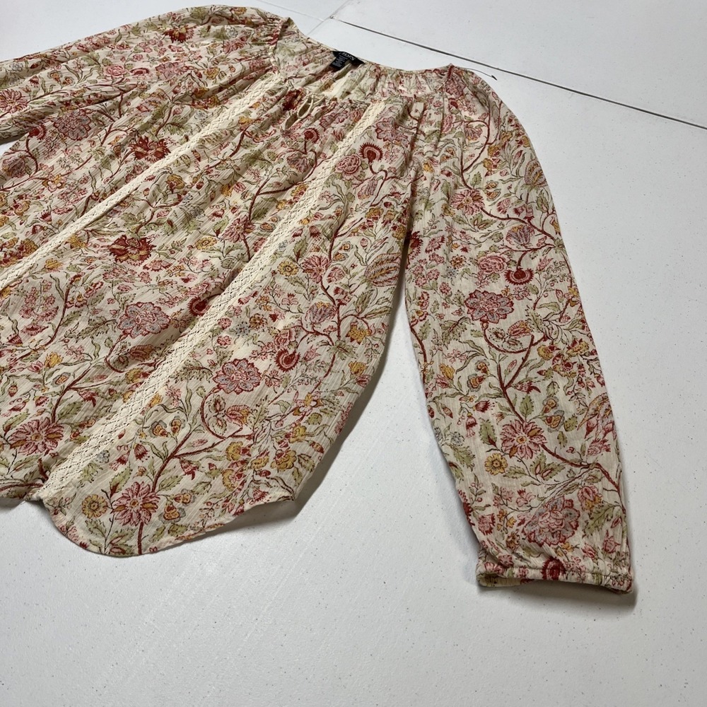 Chaps Top Womens 1X White Red Floral Gauzy Cotton Crochet Tie Neck Tunic‎ Boho - Picture 5 of 8